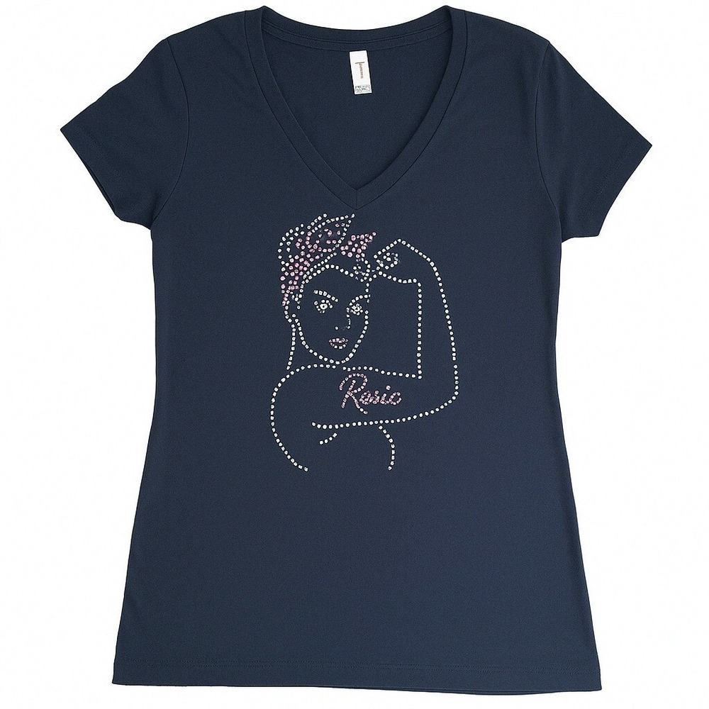 Breast Cancer Tee Womens Medium Navy Rhinestone Hope Rosie Riveter‎ V Neck Top